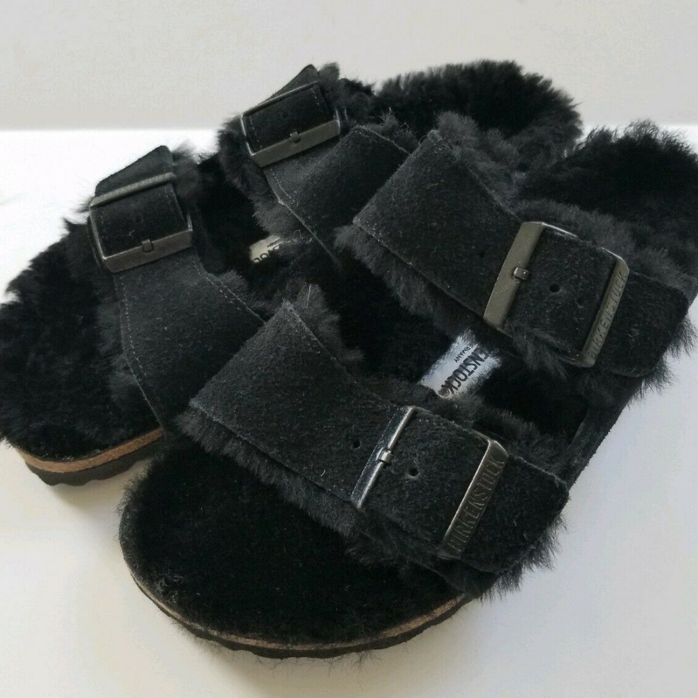 Birkenstock Arizona Cozy Shearling Lined Sandals in Black Suede - Picture 2 of 5